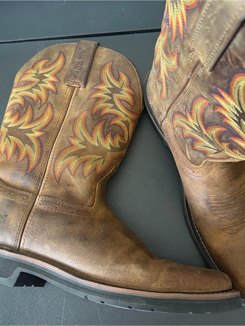 Justin Boots Brown Leather Western Boots with Orange & Yellow Embroidery